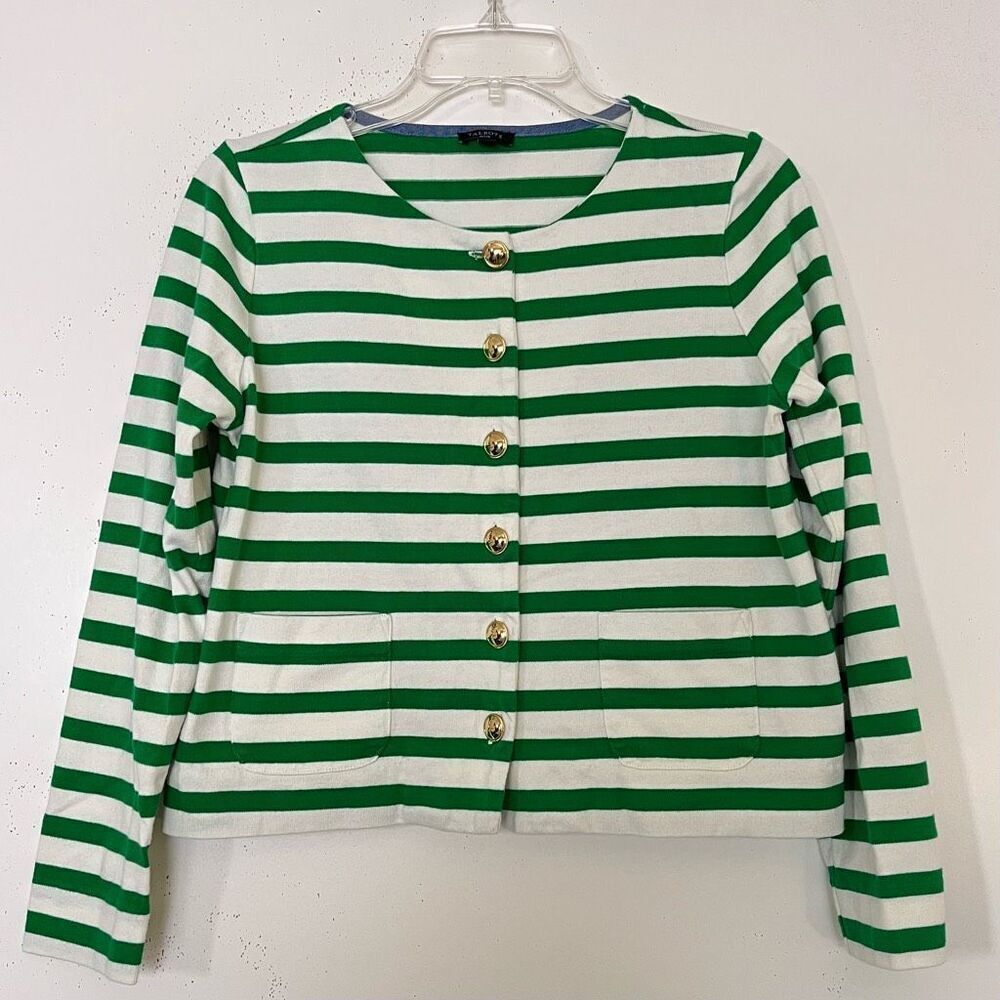 Talbots Preppy Striped Cardigan Petite Small Green White w/ Pockets Gold Buttons